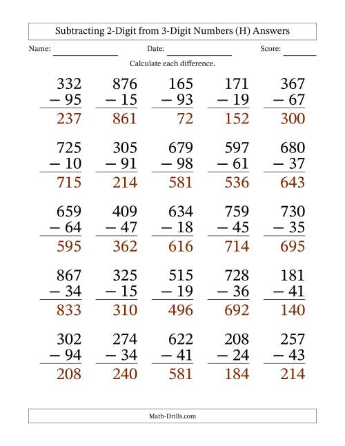 The Subtracting 2-Digit from 3-Digit Numbers With Some Regrouping (25 Questions) Large Print (H) Math Worksheet Page 2