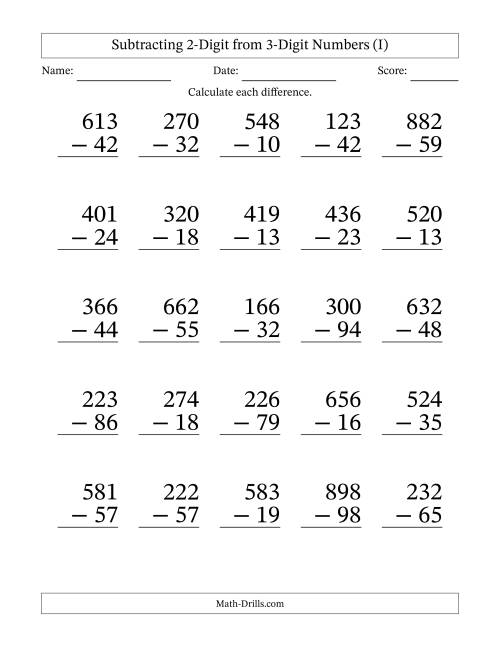 The Subtracting 2-Digit from 3-Digit Numbers With Some Regrouping (25 Questions) Large Print (I) Math Worksheet