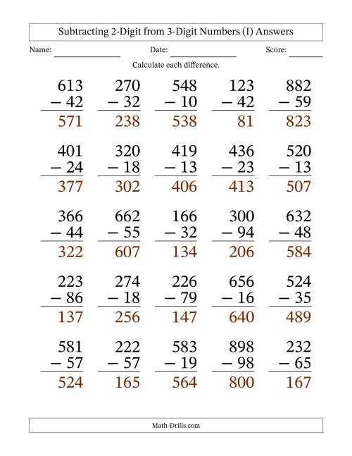 The Subtracting 2-Digit from 3-Digit Numbers With Some Regrouping (25 Questions) Large Print (I) Math Worksheet Page 2