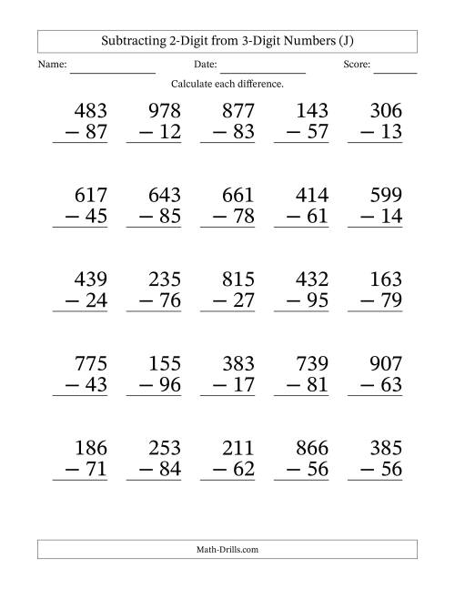 The Subtracting 2-Digit from 3-Digit Numbers With Some Regrouping (25 Questions) Large Print (J) Math Worksheet