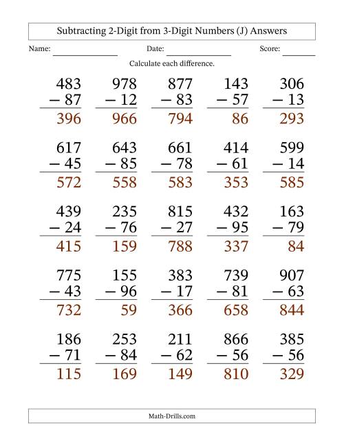 The Subtracting 2-Digit from 3-Digit Numbers With Some Regrouping (25 Questions) Large Print (J) Math Worksheet Page 2