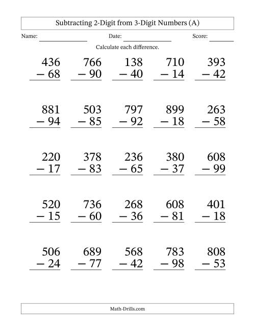 The Subtracting 2-Digit from 3-Digit Numbers With Some Regrouping (25 Questions) Large Print (All) Math Worksheet
