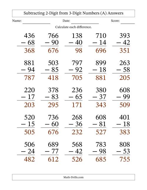 The Subtracting 2-Digit from 3-Digit Numbers With Some Regrouping (25 Questions) Large Print (All) Math Worksheet Page 2