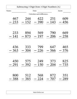 Subtracting 3-Digit from 3-Digit Numbers With Some Regrouping (25 Questions) Large Print
