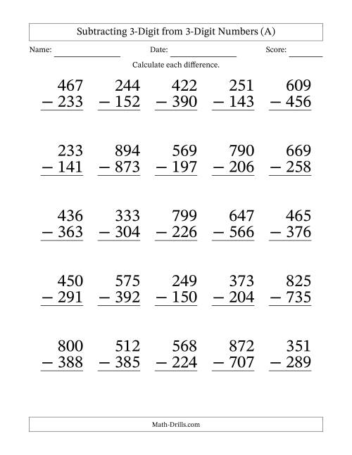 The Subtracting 3-Digit from 3-Digit Numbers With Some Regrouping (25 Questions) Large Print (A) Math Worksheet