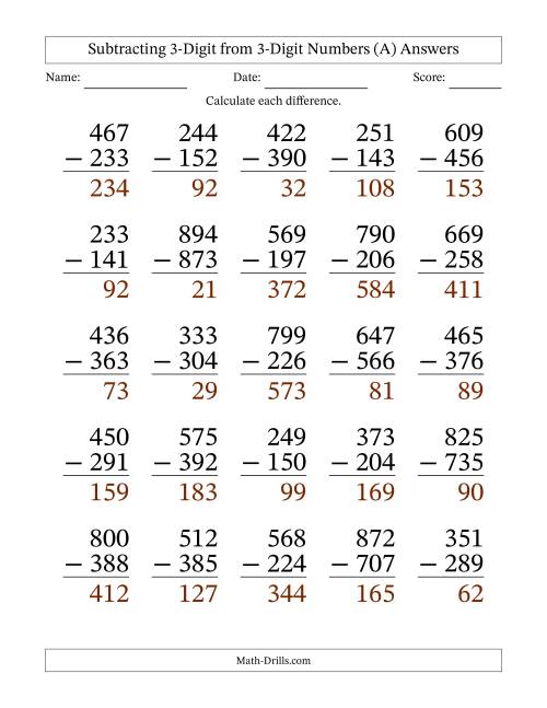 The Subtracting 3-Digit from 3-Digit Numbers With Some Regrouping (25 Questions) Large Print (A) Math Worksheet Page 2