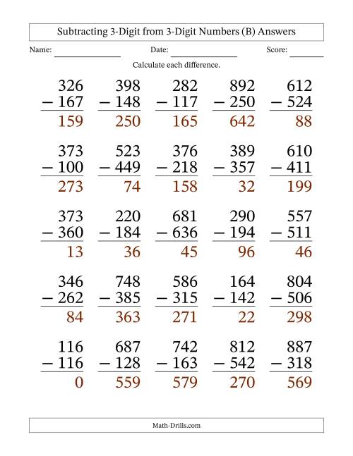 The Subtracting 3-Digit from 3-Digit Numbers With Some Regrouping (25 Questions) Large Print (B) Math Worksheet Page 2