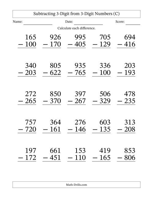 The Subtracting 3-Digit from 3-Digit Numbers With Some Regrouping (25 Questions) Large Print (C) Math Worksheet