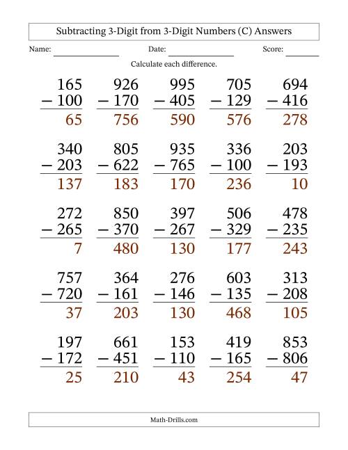 The Subtracting 3-Digit from 3-Digit Numbers With Some Regrouping (25 Questions) Large Print (C) Math Worksheet Page 2