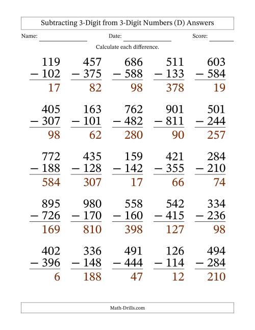 The Subtracting 3-Digit from 3-Digit Numbers With Some Regrouping (25 Questions) Large Print (D) Math Worksheet Page 2