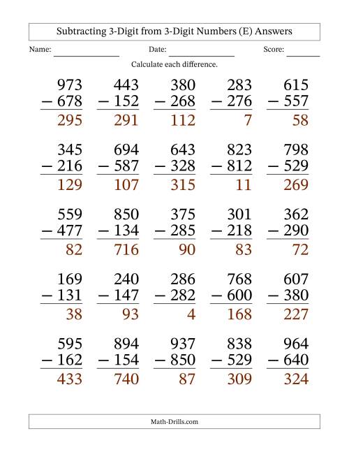 The Subtracting 3-Digit from 3-Digit Numbers With Some Regrouping (25 Questions) Large Print (E) Math Worksheet Page 2