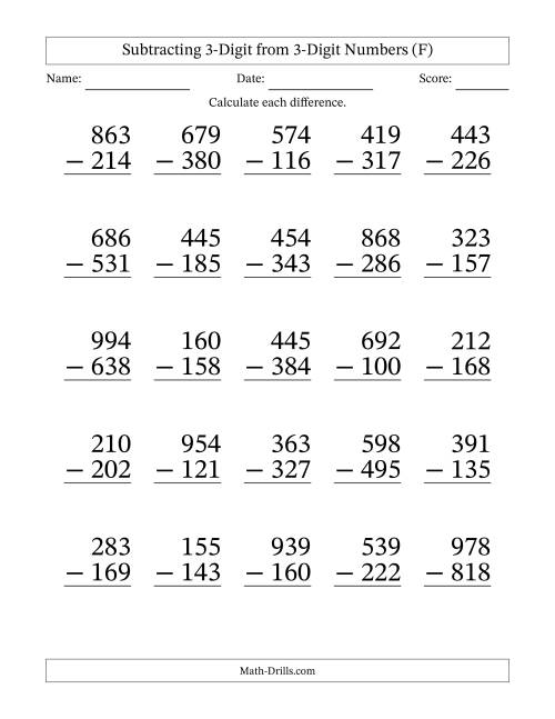 The Subtracting 3-Digit from 3-Digit Numbers With Some Regrouping (25 Questions) Large Print (F) Math Worksheet