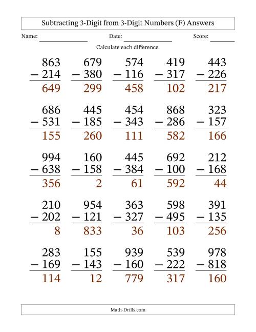 The Subtracting 3-Digit from 3-Digit Numbers With Some Regrouping (25 Questions) Large Print (F) Math Worksheet Page 2