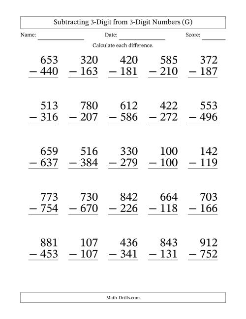 The Subtracting 3-Digit from 3-Digit Numbers With Some Regrouping (25 Questions) Large Print (G) Math Worksheet