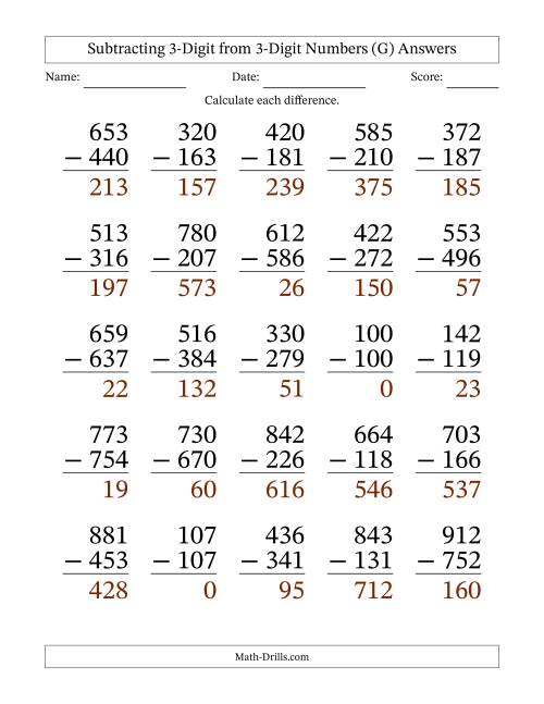 The Subtracting 3-Digit from 3-Digit Numbers With Some Regrouping (25 Questions) Large Print (G) Math Worksheet Page 2