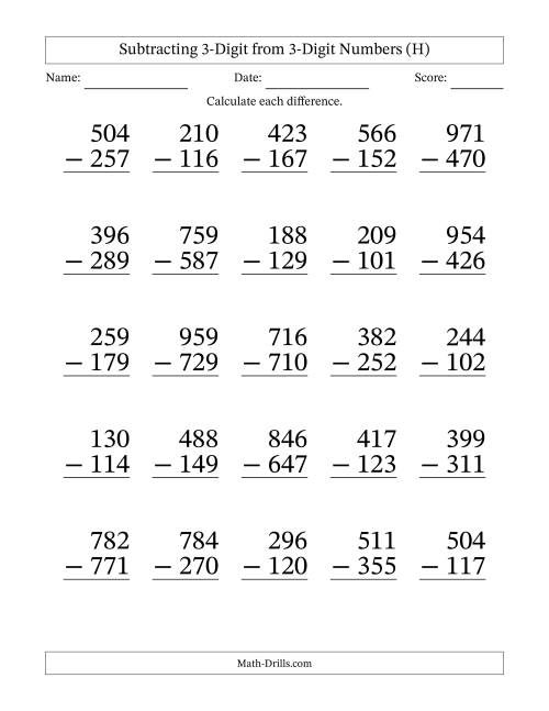 The Subtracting 3-Digit from 3-Digit Numbers With Some Regrouping (25 Questions) Large Print (H) Math Worksheet