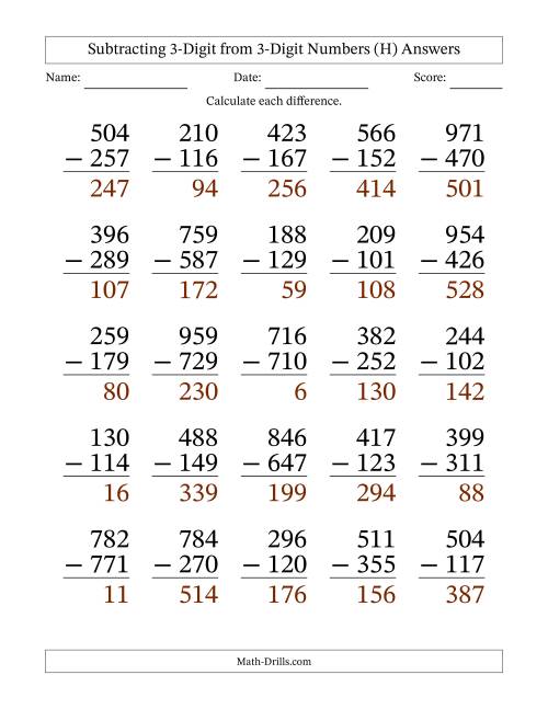 The Subtracting 3-Digit from 3-Digit Numbers With Some Regrouping (25 Questions) Large Print (H) Math Worksheet Page 2