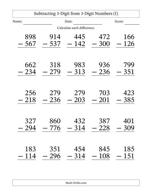 The Subtracting 3-Digit from 3-Digit Numbers With Some Regrouping (25 Questions) Large Print (I) Math Worksheet