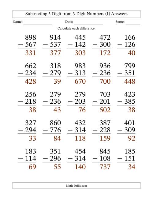 The Subtracting 3-Digit from 3-Digit Numbers With Some Regrouping (25 Questions) Large Print (I) Math Worksheet Page 2