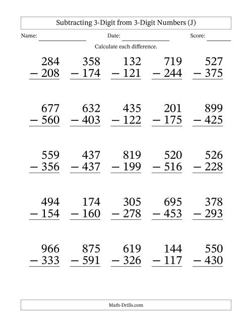 The Subtracting 3-Digit from 3-Digit Numbers With Some Regrouping (25 Questions) Large Print (J) Math Worksheet
