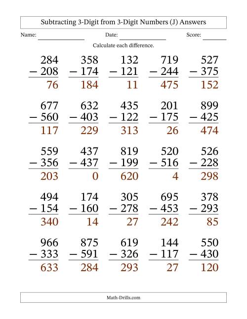 The Subtracting 3-Digit from 3-Digit Numbers With Some Regrouping (25 Questions) Large Print (J) Math Worksheet Page 2
