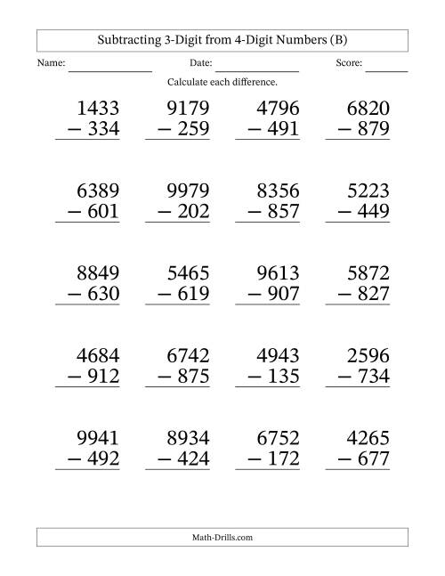 The Subtracting 3-Digit from 4-Digit Numbers With Some Regrouping (20 Questions) Large Print (B) Math Worksheet