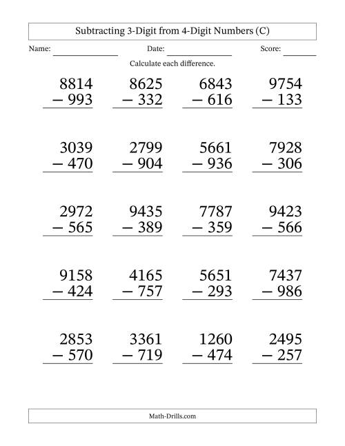 The Subtracting 3-Digit from 4-Digit Numbers With Some Regrouping (20 Questions) Large Print (C) Math Worksheet