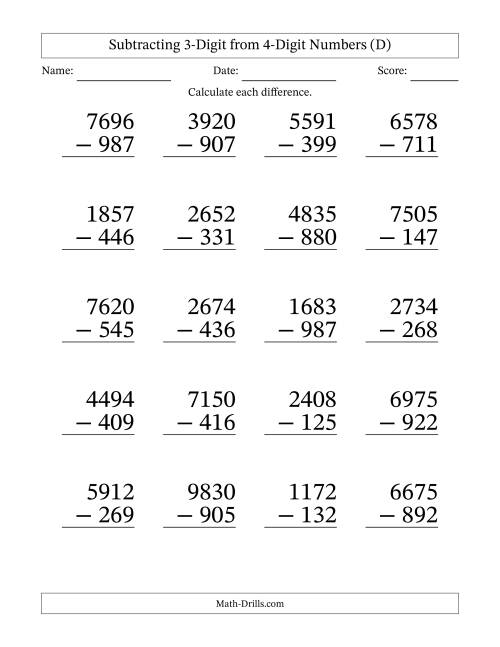 The Subtracting 3-Digit from 4-Digit Numbers With Some Regrouping (20 Questions) Large Print (D) Math Worksheet