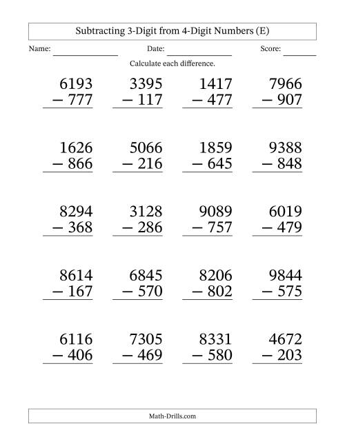 The Subtracting 3-Digit from 4-Digit Numbers With Some Regrouping (20 Questions) Large Print (E) Math Worksheet