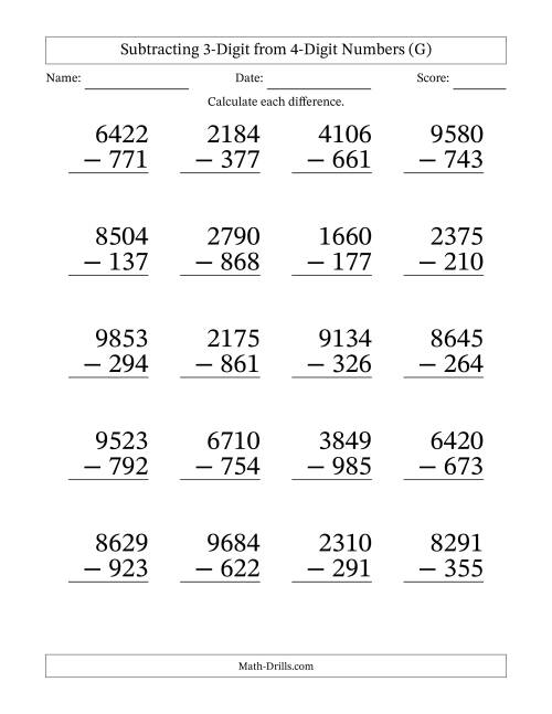 The Subtracting 3-Digit from 4-Digit Numbers With Some Regrouping (20 Questions) Large Print (G) Math Worksheet