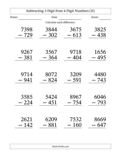 The Subtracting 3-Digit from 4-Digit Numbers With Some Regrouping (20 Questions) Large Print (H) Math Worksheet
