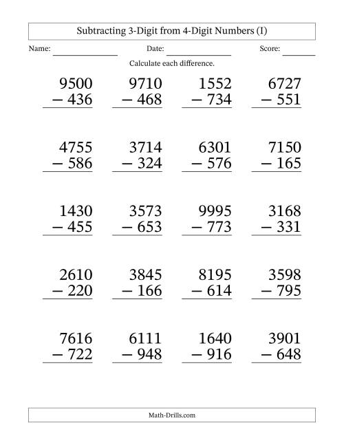 The Subtracting 3-Digit from 4-Digit Numbers With Some Regrouping (20 Questions) Large Print (I) Math Worksheet