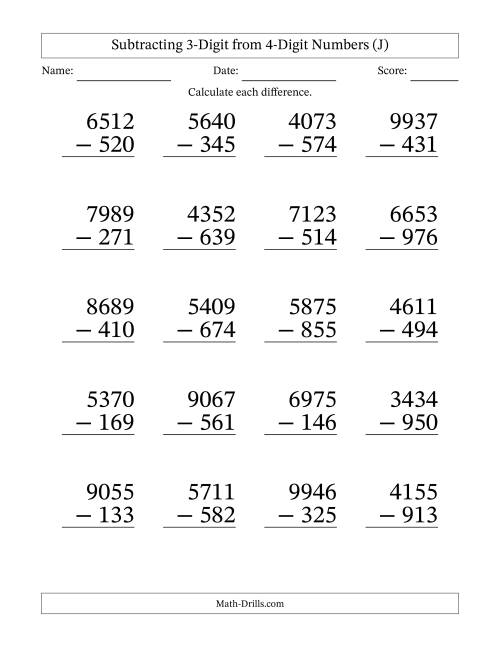 The Subtracting 3-Digit from 4-Digit Numbers With Some Regrouping (20 Questions) Large Print (J) Math Worksheet