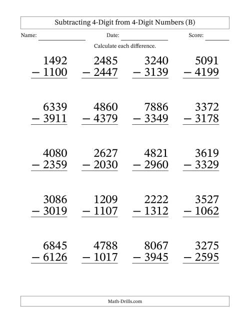 The Subtracting 4-Digit from 4-Digit Numbers With Some Regrouping (20 Questions) Large Print (B) Math Worksheet