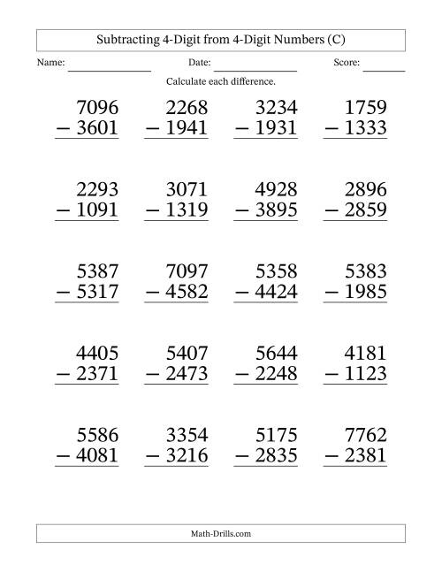 The Subtracting 4-Digit from 4-Digit Numbers With Some Regrouping (20 Questions) Large Print (C) Math Worksheet