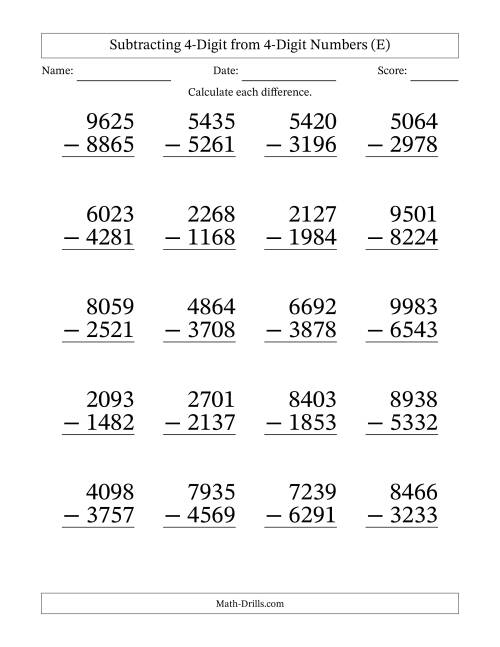 The Subtracting 4-Digit from 4-Digit Numbers With Some Regrouping (20 Questions) Large Print (E) Math Worksheet