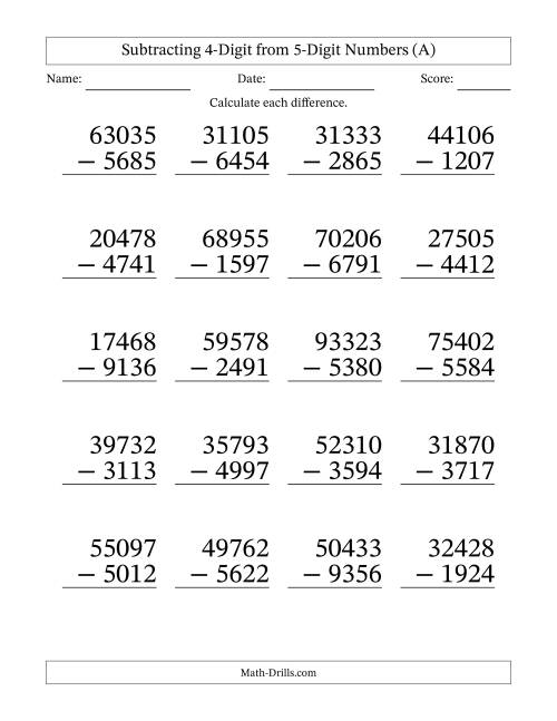 The Large Print 5-Digit Minus 4-Digit Subtraction (A) Math Worksheet