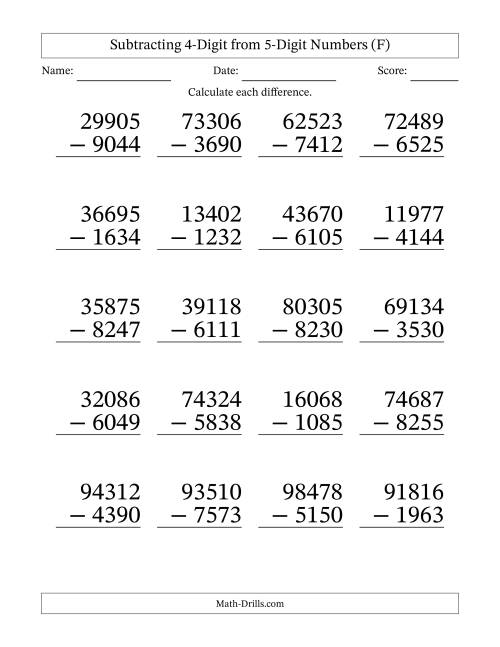 The Subtracting 4-Digit from 5-Digit Numbers With Some Regrouping (20 Questions) Large Print (F) Math Worksheet