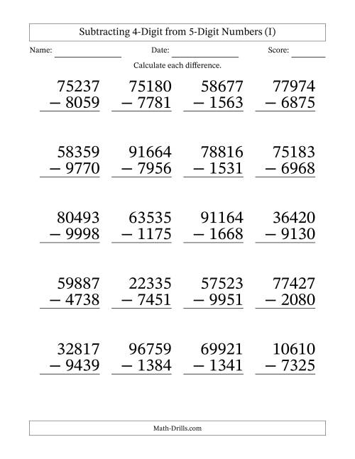 The Subtracting 4-Digit from 5-Digit Numbers With Some Regrouping (20 Questions) Large Print (I) Math Worksheet