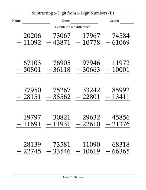 The Large Print 5-Digit Minus 5-Digit Subtraction (B) Math Worksheet