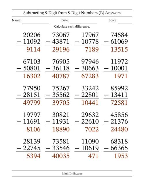The Large Print 5-Digit Minus 5-Digit Subtraction (B) Math Worksheet Page 2