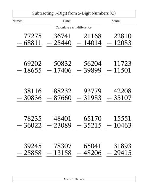 The Large Print 5-Digit Minus 5-Digit Subtraction (C) Math Worksheet