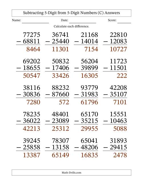 The Large Print 5-Digit Minus 5-Digit Subtraction (C) Math Worksheet Page 2