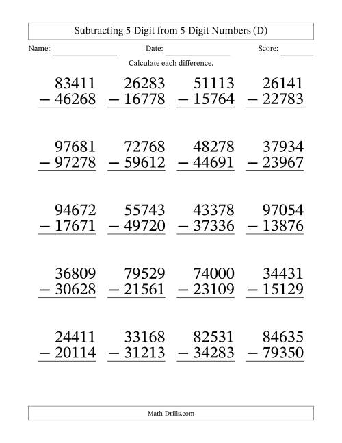 The Large Print 5-Digit Minus 5-Digit Subtraction (D) Math Worksheet
