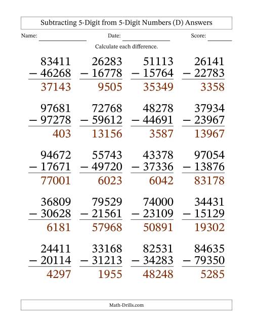 The Large Print 5-Digit Minus 5-Digit Subtraction (D) Math Worksheet Page 2