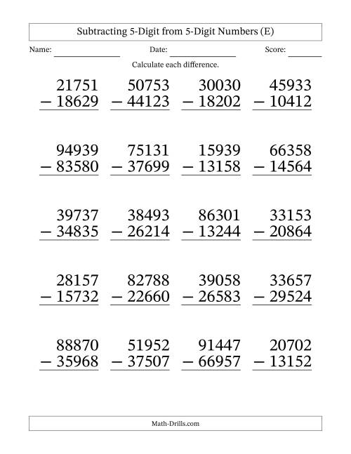 The Large Print 5-Digit Minus 5-Digit Subtraction (E) Math Worksheet
