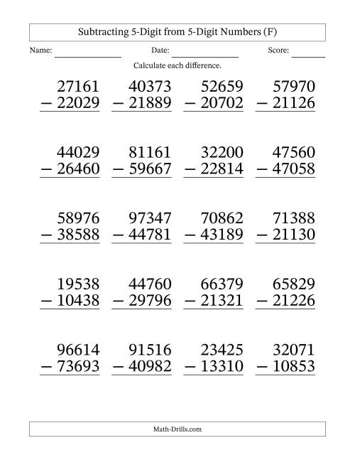 The Large Print 5-Digit Minus 5-Digit Subtraction (F) Math Worksheet