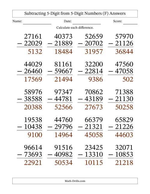 The Large Print 5-Digit Minus 5-Digit Subtraction (F) Math Worksheet Page 2