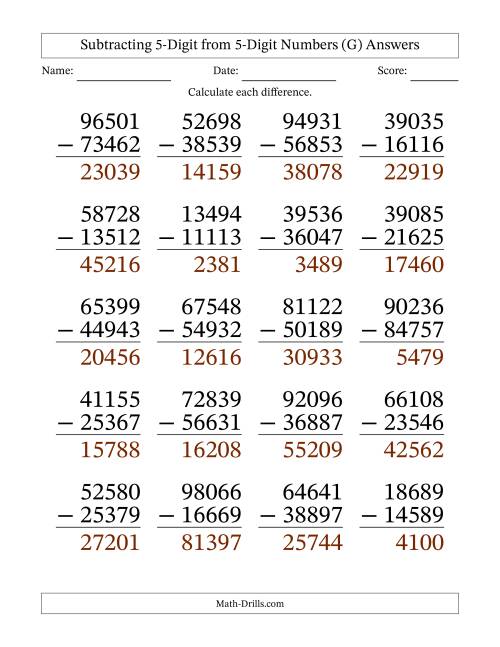 The Large Print 5-Digit Minus 5-Digit Subtraction (G) Math Worksheet Page 2