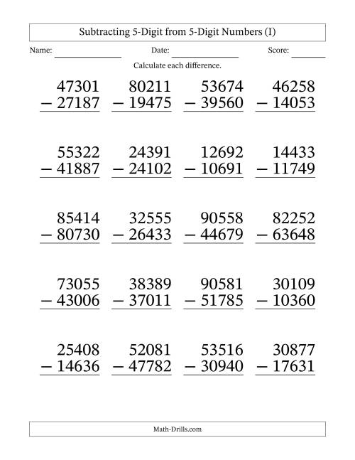 The Large Print 5-Digit Minus 5-Digit Subtraction (I) Math Worksheet